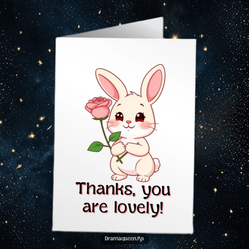 Funny Free Printable Thank You Card: A cheerful rabbit holding a big rose, posing with a coy smile to say thank you.