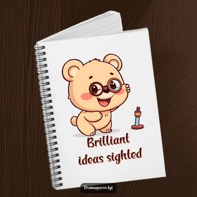 Funny notebook cover with a bear cub wearing a monocle, pointing excitedly at a distant object, inspiring curious writing.