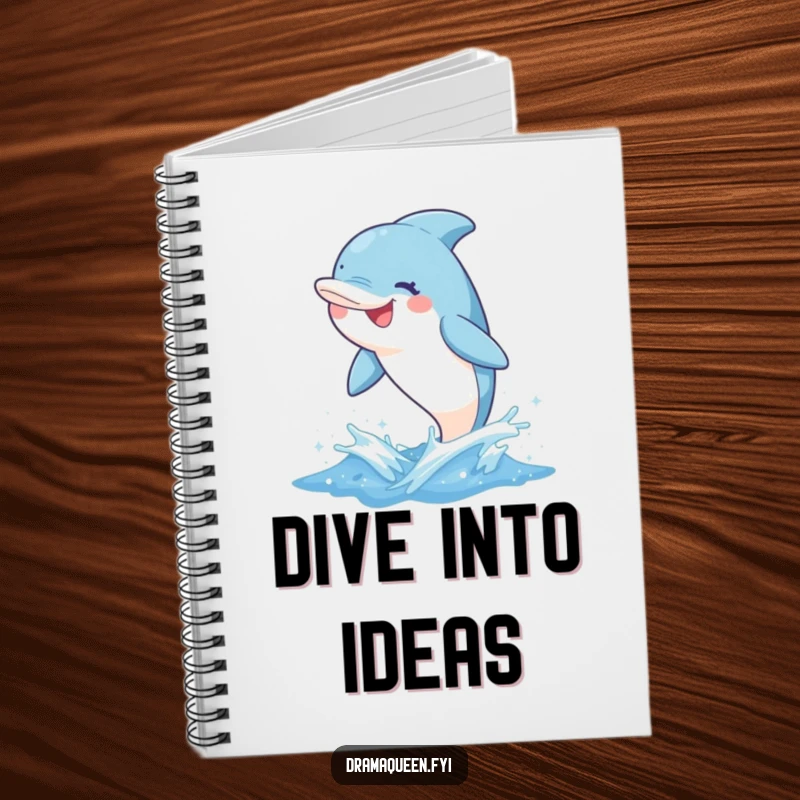 Funny dolphin notebook with a delighted character leaping from a sparkly wave with a whimsical grin, perfect for capturing creative thoughts.