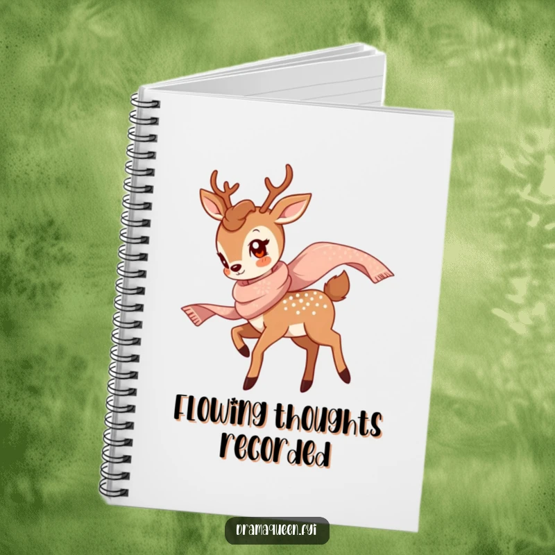 Funny Deer Twirl Notebook featuring a graceful deer twirling with a shimmering scarf, perfect for jotting down ideas with elegant humor.