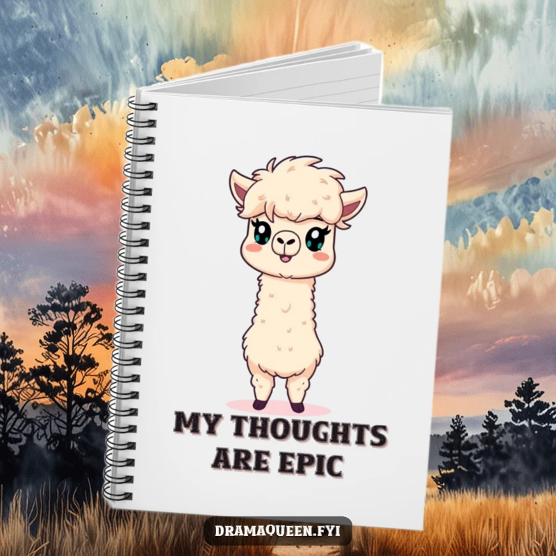 Funny alpaca notebook with a fluffy mane striking a dramatic pose, ready to record your creative thoughts.