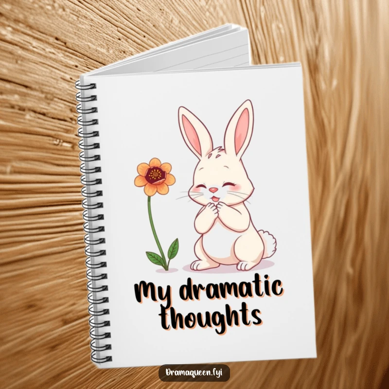 Funny bunny notebook featuring a dramatic rabbit clutching its chest over a wilting flower, inspiring heartfelt and humorous notes.