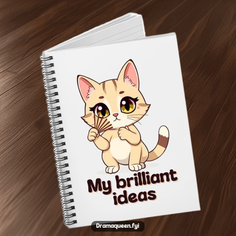 Funny cat notebook featuring a stylish cat character dramatically fluttering a fan, ideal for journaling dramatic thoughts.