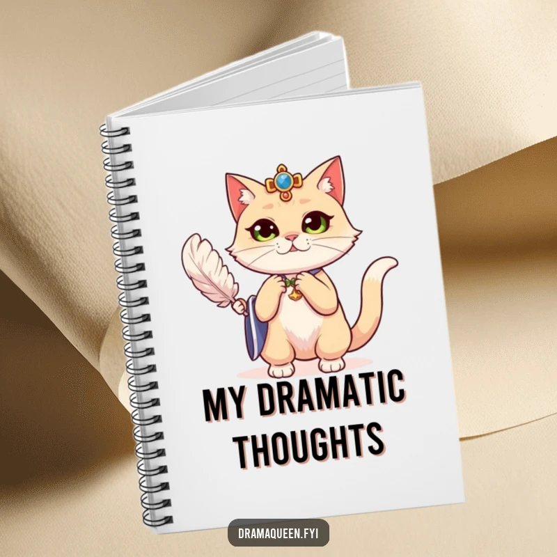 Funny regal cat dramatically fanning herself with a feather on a notebook, ideal for journaling sophisticated thoughts.