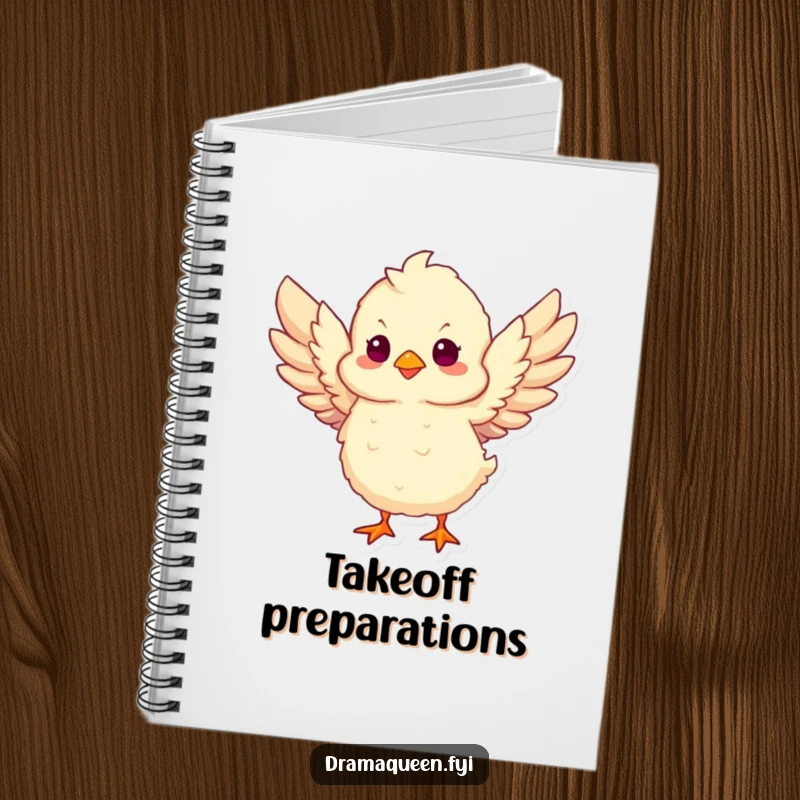 Funny Chick Take Flight Notebook featuring a fluffy chick flapping wings, perfect for jotting down goals with humorous ambition.