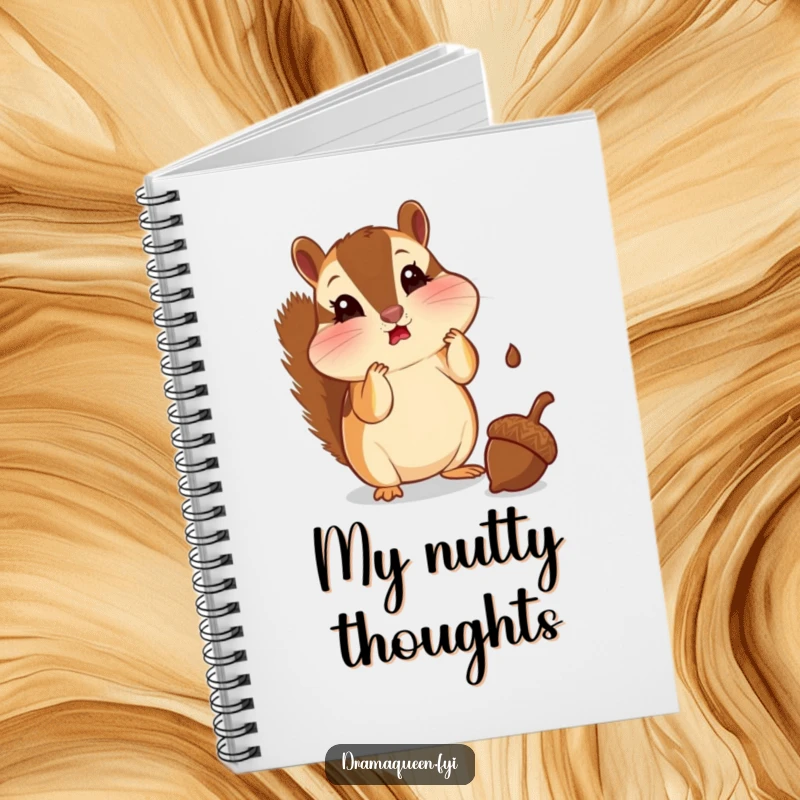 Funny chipmunk notebook with puffed cheeks looking shocked at a falling acorn. Ideal for notes, journaling, and gifting.