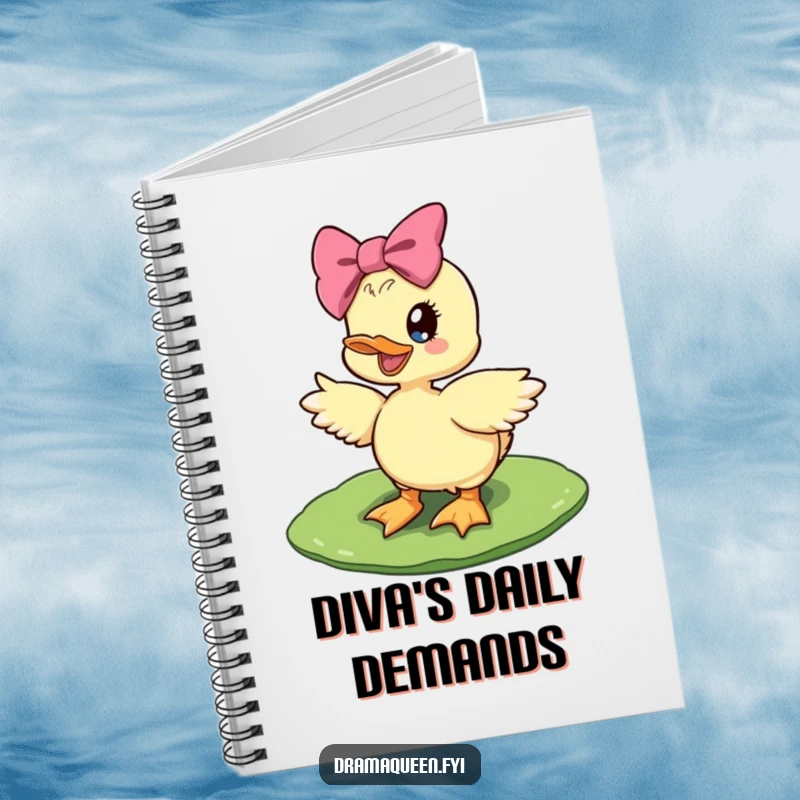 Funny diva duckling notebook featuring a delighted duckling with a giant bow striking a pose on a lily pad, perfect for journaling.