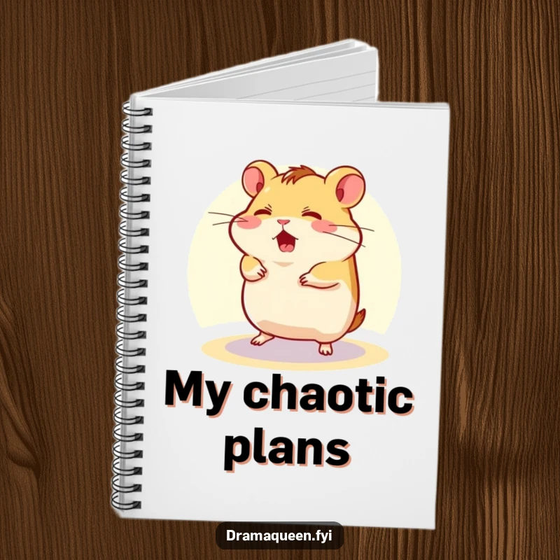 Funny Notebook with a cover displaying a flustered hamster character spinning in a spotlight, designed for capturing ideas humorously.