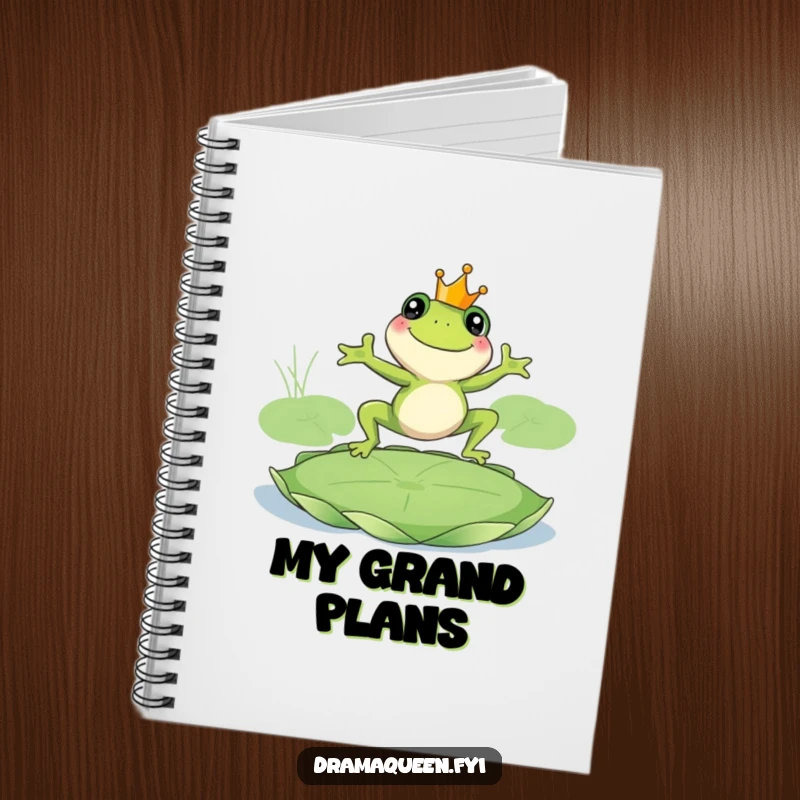 Funny frog king notebook, smiling frog wearing a crown leaping onto a giant lily pad. Regal and humorous journal. Perfect.