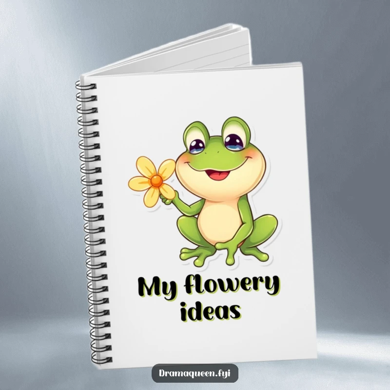 Funny frog notebook with a goofy smile posing dramatically with a flower. Ideal for notes, journaling, and gifting.