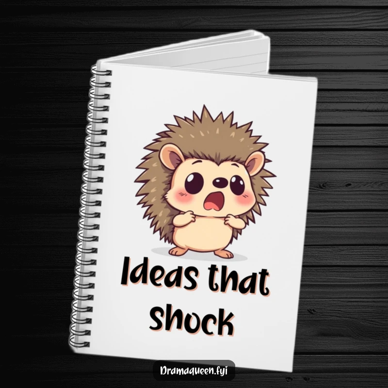 Funny hedgehog notebook featuring a curious character with a shocked face in a dramatic pose, perfect for writing notes and planning.