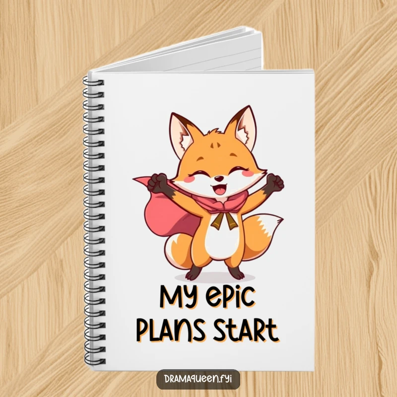 Funny notebook with a fox in a flowing cape striking a triumphant pose, inspiring heroic journaling and planning.