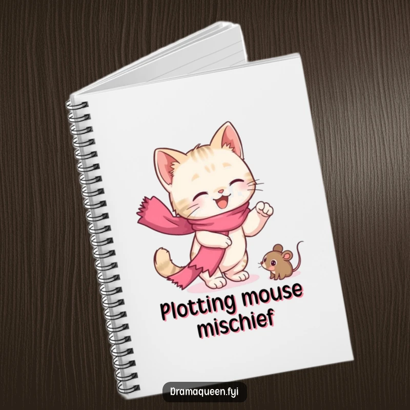Funny kitten notebook with a cute cat in a pink scarf dramatically reaching for a toy mouse, ideal for writing.