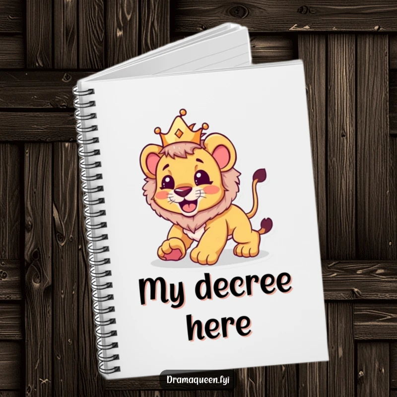 Funny notebook with a lion cub wearing a crown, playfully pouncing, perfect for jotting down bold ideas and notes.