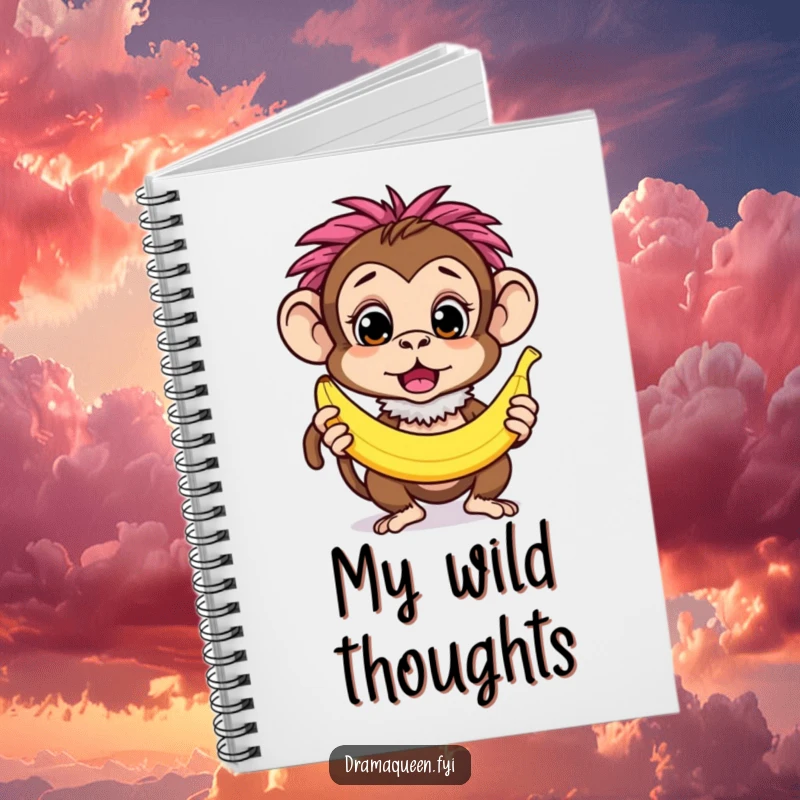Funny curious monkey character wearing a feathery boa, striking a surprised pose with a banana, lined notebook, quirky writing.