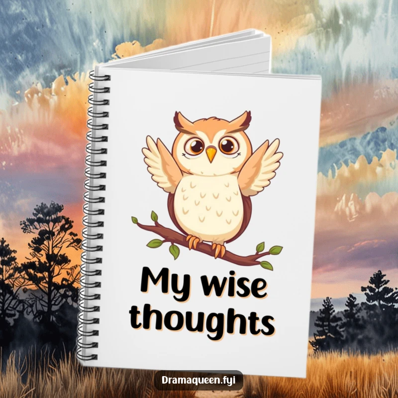 Funny owl notebook featuring a delighted character in a dramatic pose on a branch, perfect for writing notes and planning.