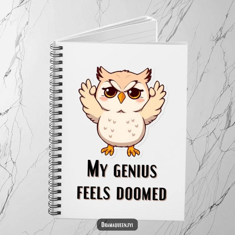Funny Owl Notebook featuring a dramatic character with hands up in mock despair, perfect for jotting down thoughts with humorous expression.
