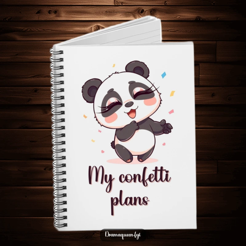 Funny Panda Notebook: Playful panda with long eyelashes exuberantly throwing confetti, embodying exaggerated flair, ideal for journaling, funny gift.