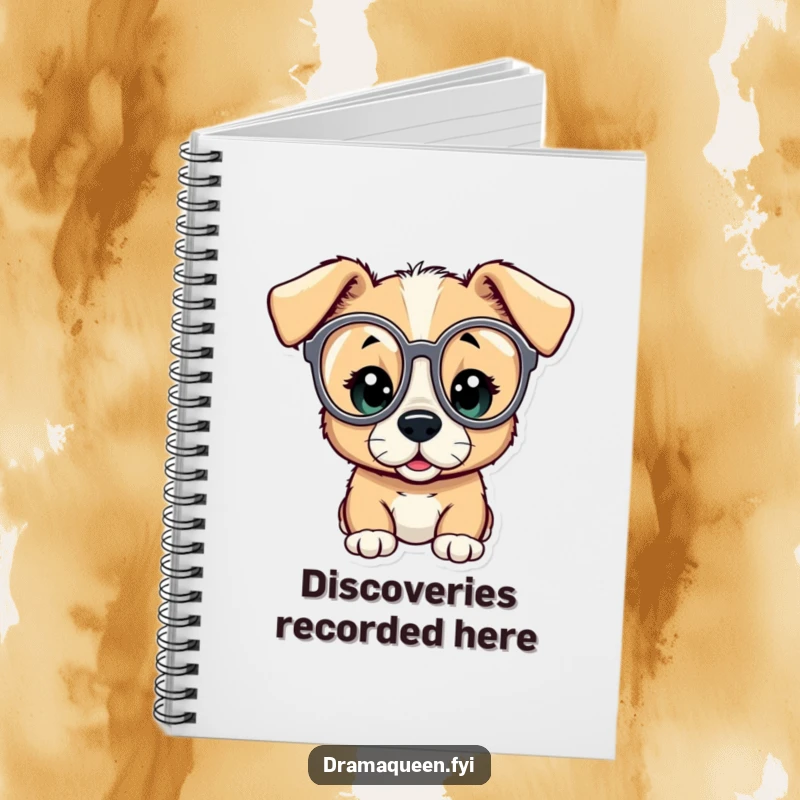 Funny notebook with a curious puppy peeking through oversized opera glasses, eyes wide with amazement, perfect for jotting down ideas.