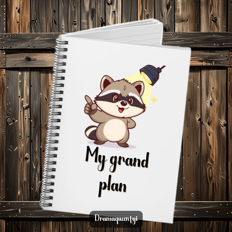 Funny notebook with a mischievous raccoon pointing to a spotlight overhead, perfect for humorous note-taking and planning.