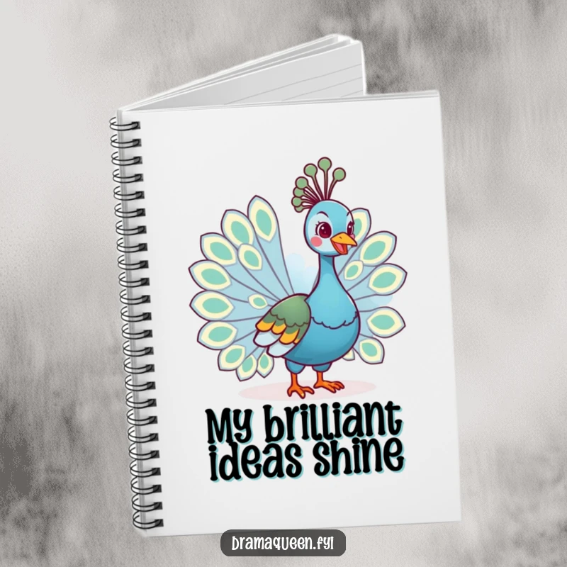 Funny notebook with a regal peacock fanning its tail feathers and grinning, designed for recording thoughts with elegant humor.