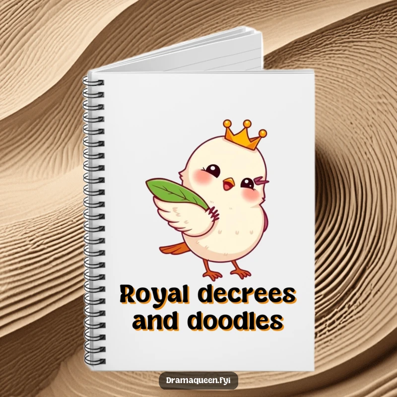 Funny notebook cover with a bird wearing a crown, fanning itself with a leaf, inspiring regal and dramatic notes.
