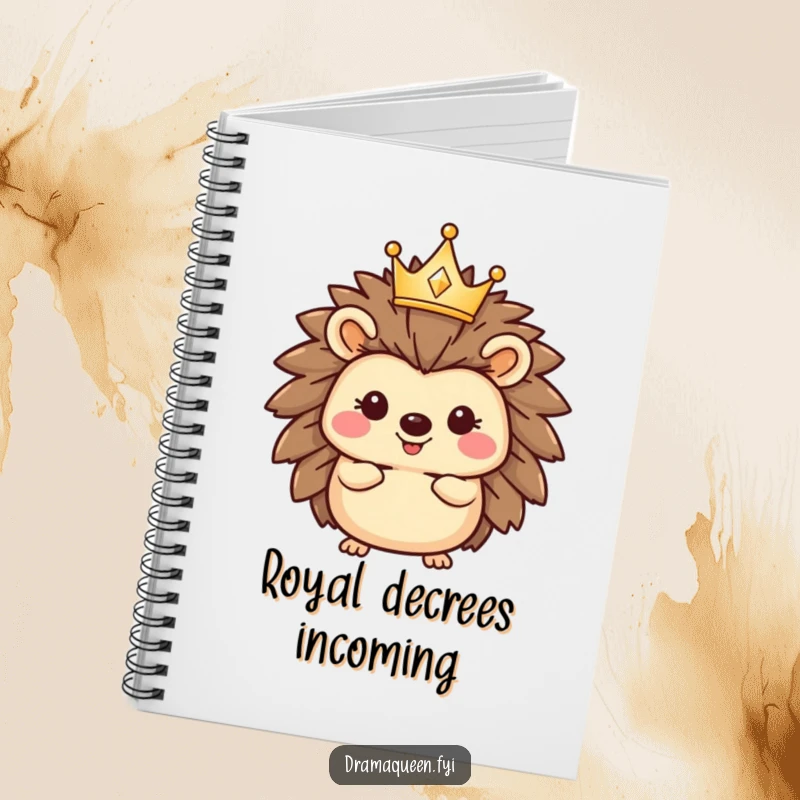 Funny hedgehog notebook with a happy character wearing a tiny, sparkling crown, perfect for jotting down regal thoughts with humorous flair.