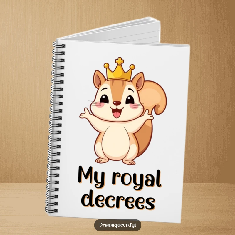 Funny notebook with a cheerful squirrel wearing a small crown, gesturing grandly, ideal for jotting down royal plans or daily notes.