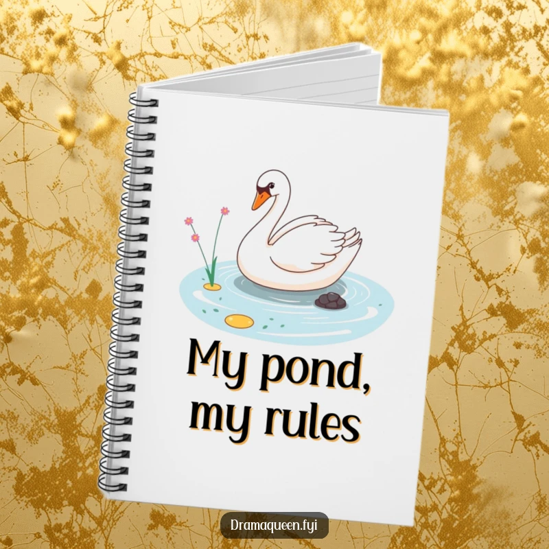 Funny notebook with a sassy swan character elegantly gliding on a tiny pond, perfect for stylish and humorous note-taking.