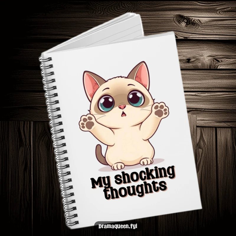 Funny Notebook: Siamese cat with wide, surprised eyes and paws thrown up, perfect for jotting down reactions.
