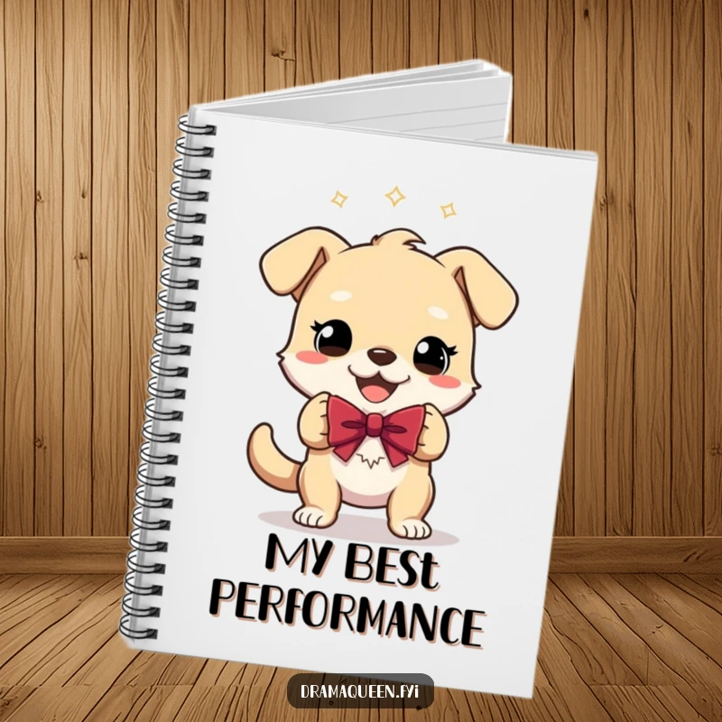 Funny Notebook with a cover displaying a gleeful dog character performing a theatrical bow, designed for capturing ideas humorously.