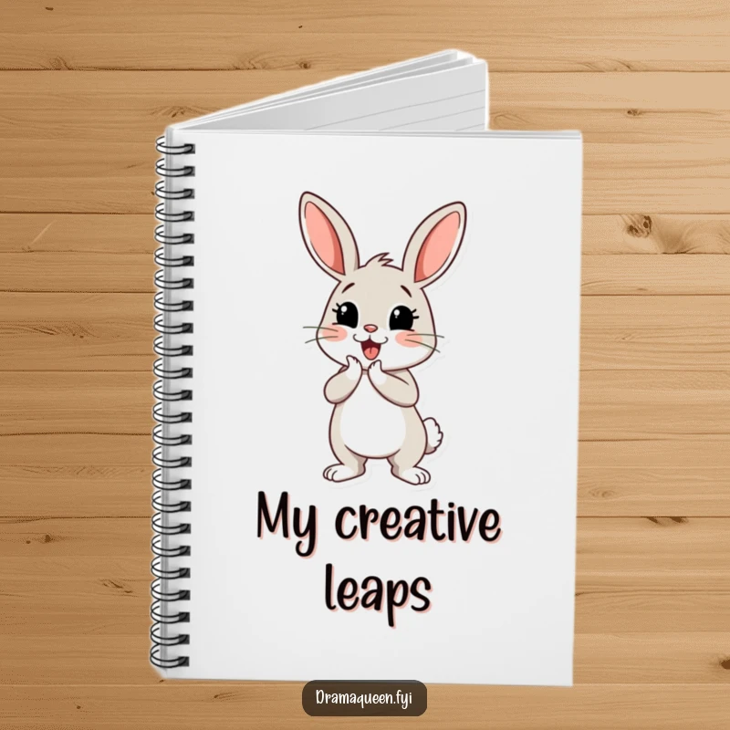 Funny bunny notebook featuring a cheerful bunny character performing a dramatic curtsey, perfect for journaling elegant thoughts.