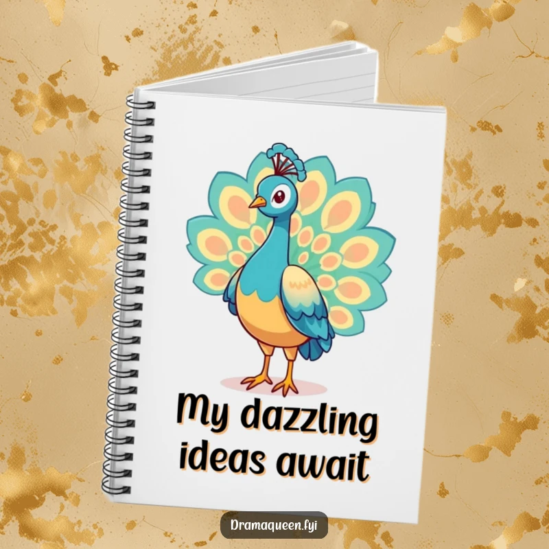 Funny Peacock Notebook featuring a proud character displaying its beautiful tail feathers, ideal for journaling with vibrant, humorous flair.