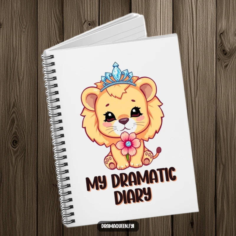 Funny cute lion cub character wearing a sparkling tiara, pouting dramatically with a flower, lined notebook, regal writing.