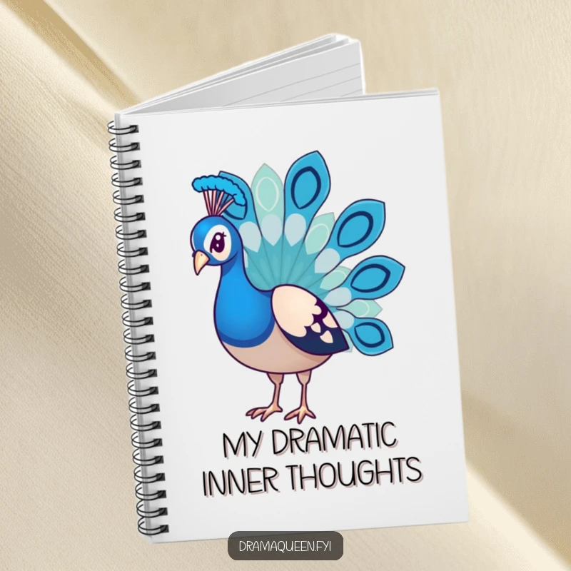 Funny Peacock Notebook with a dejected bird and droopy feathers, designed for humorous journaling and note-taking.