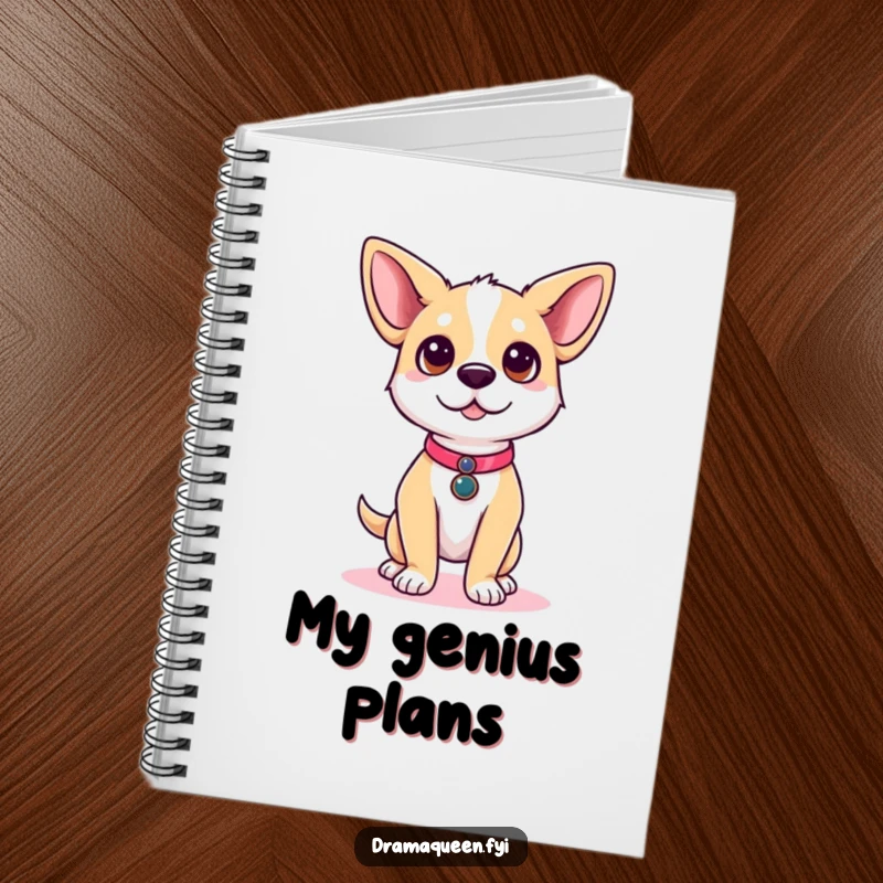 Funny dog notebook featuring a cute dog character posing confidently on a runway, perfect for sketching and note-taking.