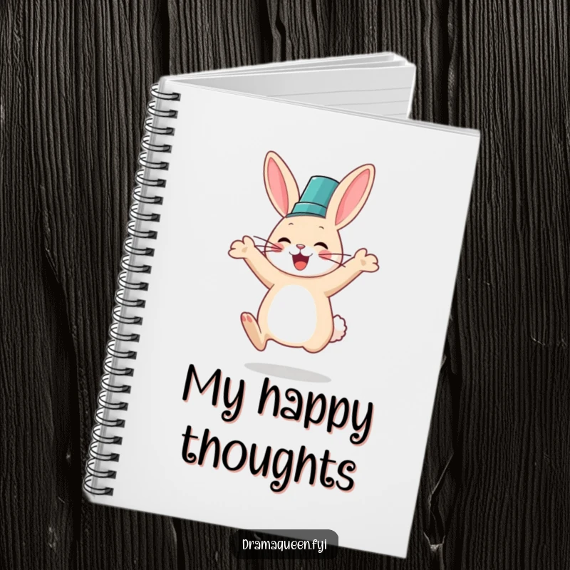 Funny notebook with a rabbit in a fancy hat jumping with glee, perfect for jotting down happy ideas and notes.