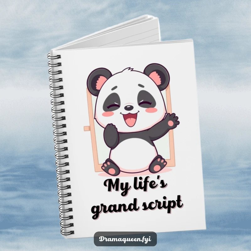 Funny notebook with a giggling panda practicing dramatic mirror poses, designed for jotting down thoughts with a humorous touch.