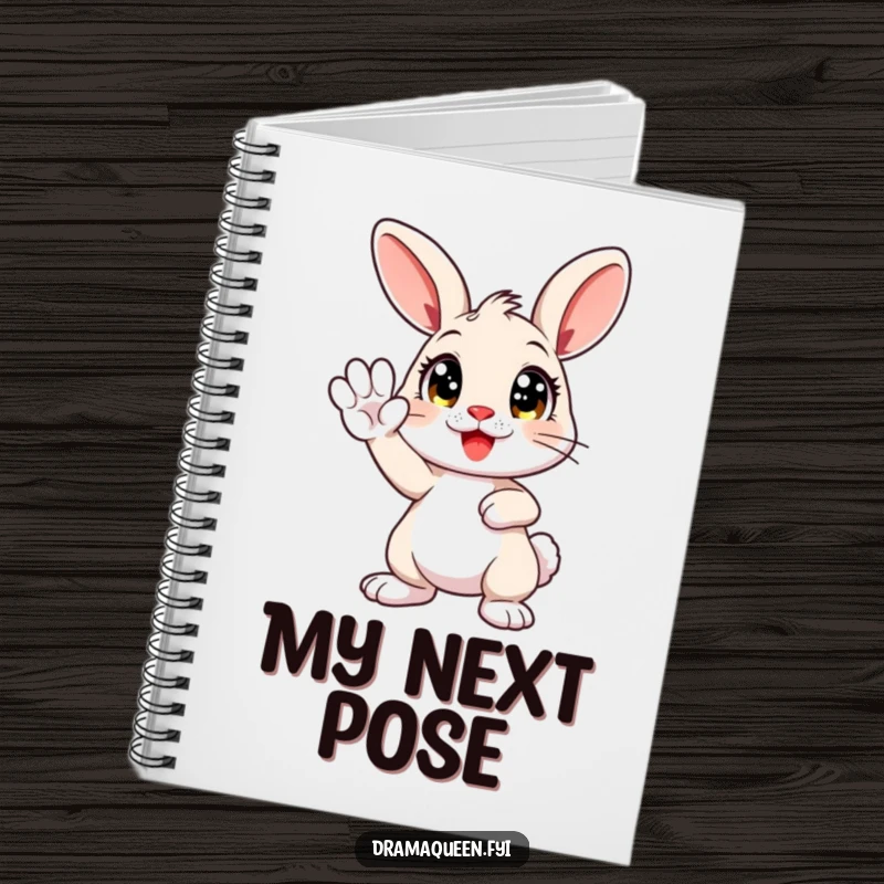 Funny notebook with a cute bunny character striking a dramatic pose, paw held high, inspiring creative writing and humorous journaling.