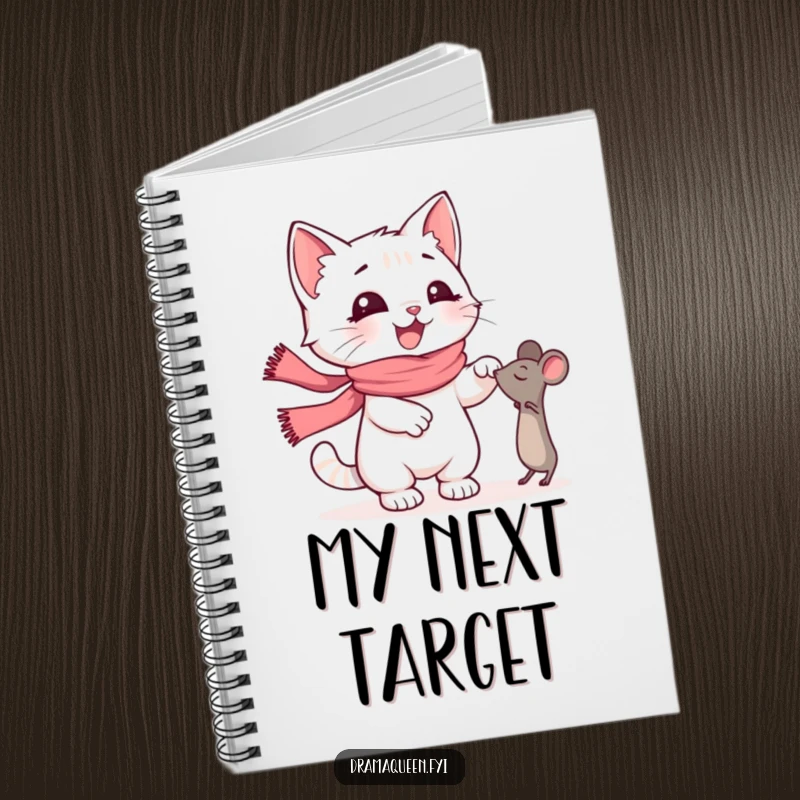 Funny Kitten Notebook: A happy kitten in a pink scarf dramatically reaching for a toy mouse, ideal for journaling, a funny gift.
