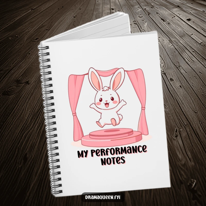 Funny playful bunny character leaping onto a miniature stage on a notebook, ideal for jotting down performance ideas.