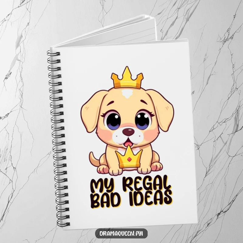 Funny surprised puppy notebook featuring a puppy dropping a tiny crown with wide, expressive, shocked eyes, perfect for note-taking.