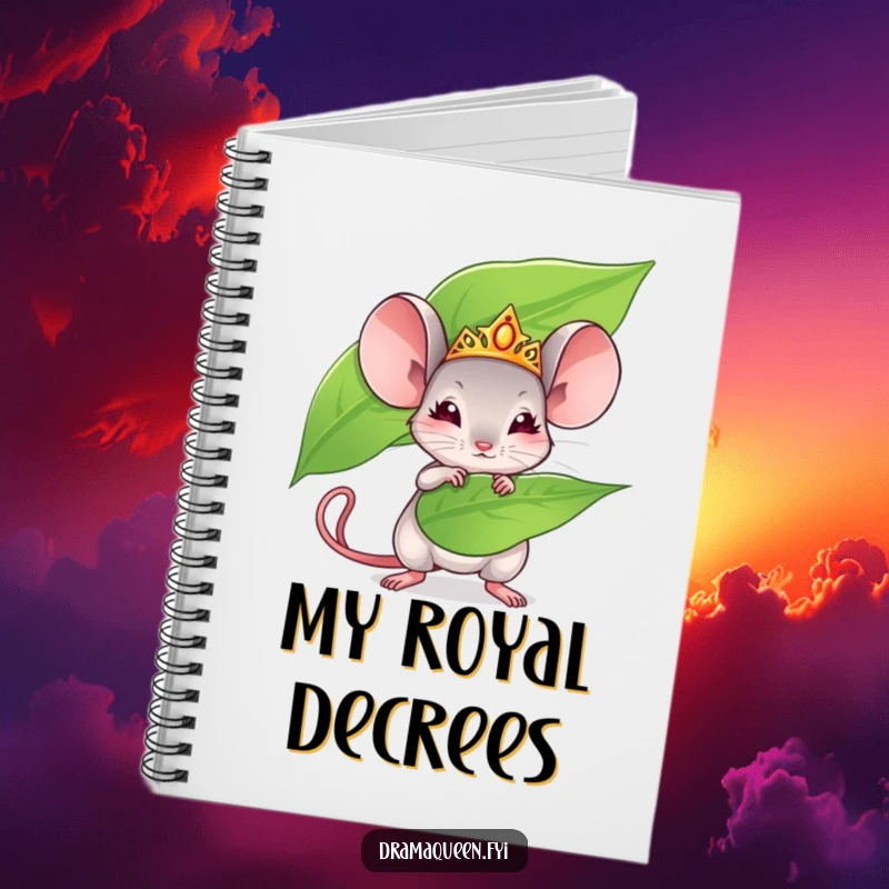 Funny mouse notebook with a tiny mouse wearing a tiara fanning dramatically. Ideal for notes, journaling, and gifting.