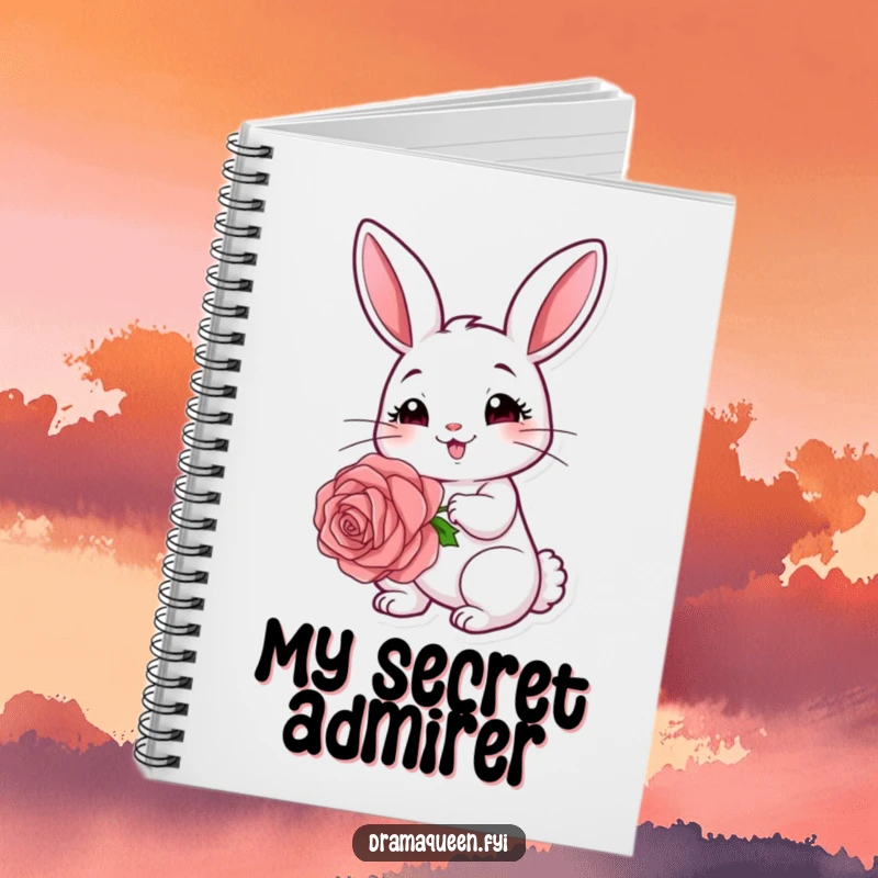 Funny rabbit notebook with a cute bunny holding a large rose and a coy expression, ideal for journaling.