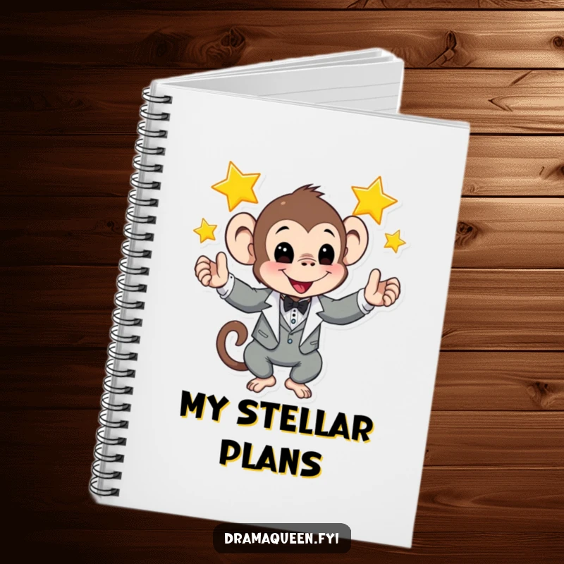 Funny notebook with a monkey in a tuxedo juggling shining stars, perfect for jotting down creative ideas and notes.