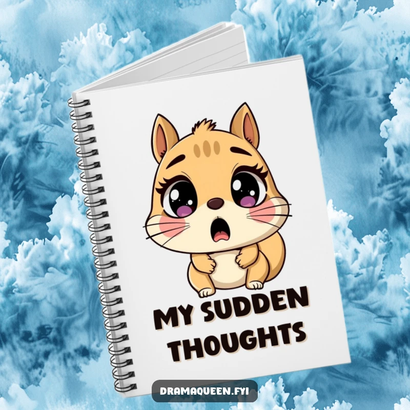 Funny Notebook with a cover displaying a shocked squirrel character with wide, round eyes gasping, designed for capturing ideas humorously.