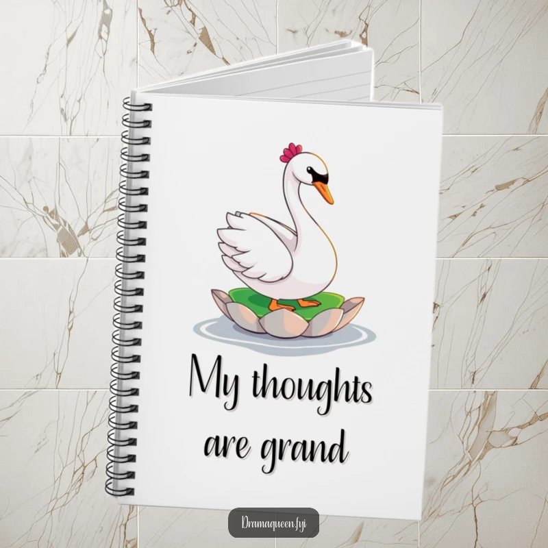 Funny swan notebook with a glamorous character striking a dramatic pose on a lily pad, perfect for jotting down elegant and witty notes.