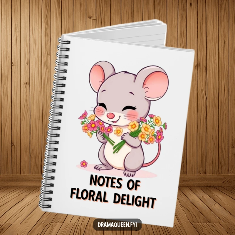 Funny notebook with a cheerful mouse character bowing gracefully with a bouquet of tiny, colorful flowers, inspiring pleasant notes.