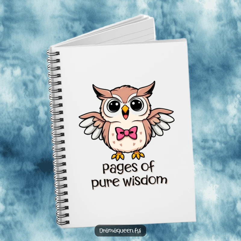 Funny notebook cover with a triumphant owl wearing a bowtie, hooting loudly with wings outstretched, inspiring wise writing.