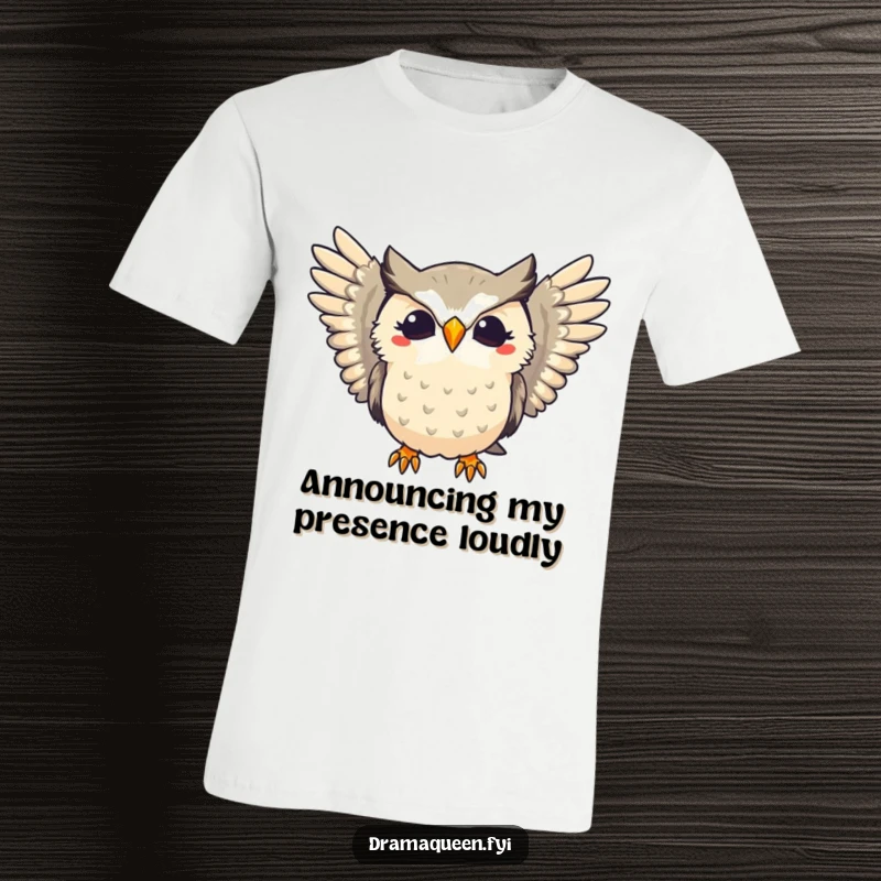 Funny t-shirt showcasing a dramatic owl character hooting with impressive flair and wings widely extended for a grand performance.